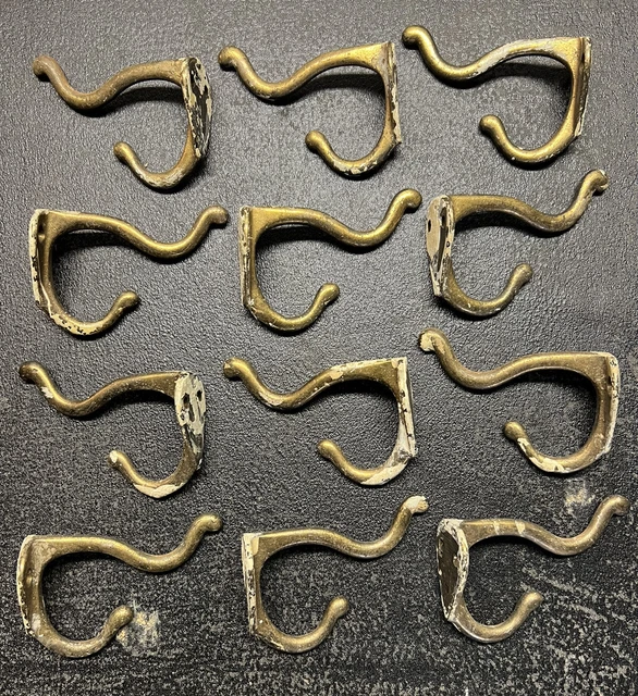 12 Vintage Brass Plated Iron Wall Coat Hook Hat Hall Cabinet Farm Salvage Shabby