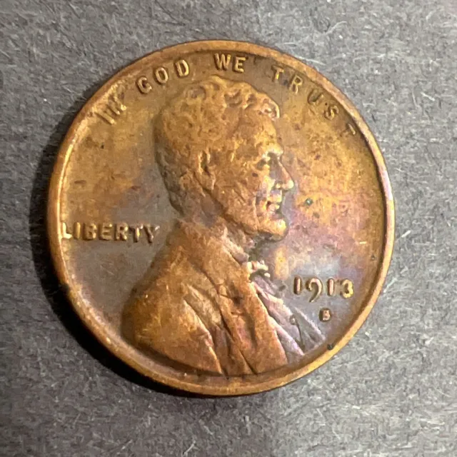1913 S Toned Copper Lincoln Wheat Cent Penny.  Better Date Old US Coin!