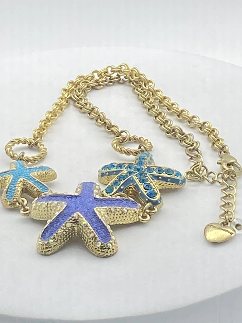 Betsey Johnson Blue 3 Starfish Rhinestone Necklace Gold Tone 16"