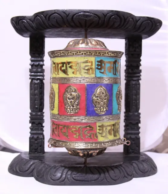 Tibetan Buddhist Handcrafted Spinning Prayer Wheel Wall Hanging Design ~ Nepal