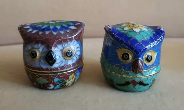 2 Vintage Enamel Cloisonne Owl Jars Ring Box Bowl