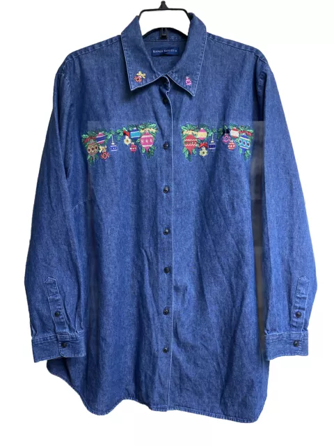 Karen Scott Button-down Denim Shirt CHRISTMAS PATCHES Embroidered santa XLarge