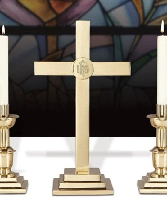Solid Brass Simple IHS Emblem Altar Crucifix Cross For Church or Sanctuary 15 In