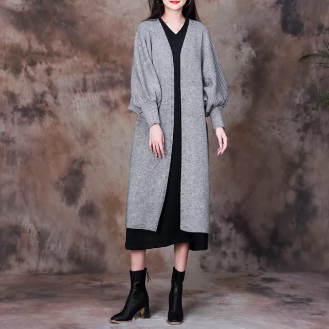 Womens Cardigan Lantern Sleeve Mid-length Outerwear Temperament Wool Simple Coat 3