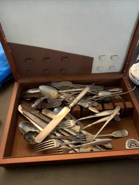 5+ Lbs Lot Of Assorted Vintage Silver Plate Flatware, Spoons, Knives,Forks &Box