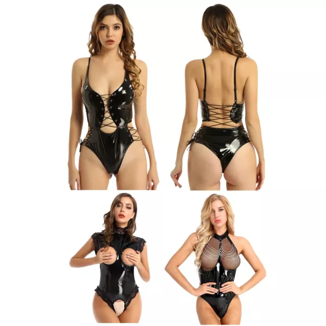 Body donna senza petto reggiseno catsuit lingerie pelle verniciata body biancheria da notte 2