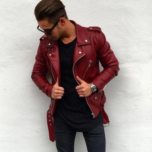 Burgundy Leather Jacket Men Pure Lambskin Biker Moto Jacket Size XS S M L XL XXL