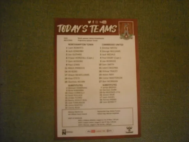 Northampton Town  V  Cambridge United  (Fa Cup 1St Round Tie) 6-11-21 Team Sheet