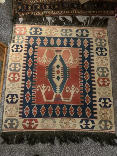 Vintage Handmade Turkish Tribal Wool Rug~Flat Weave~3.3”x4.3”~Kilim~Boho
