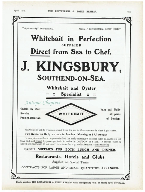 J Kingsbury Southend-on-Sea Whitebait & Oyster Specialist 1912 Advertisement Ad