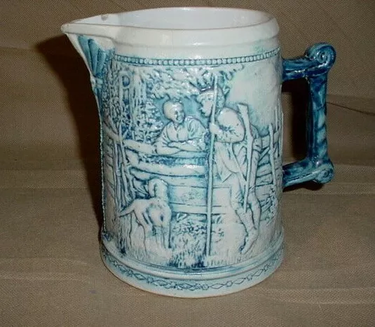 Antique Whites of Utica Blue Gray Hunt Scene Stoneware Flemish Pitcher