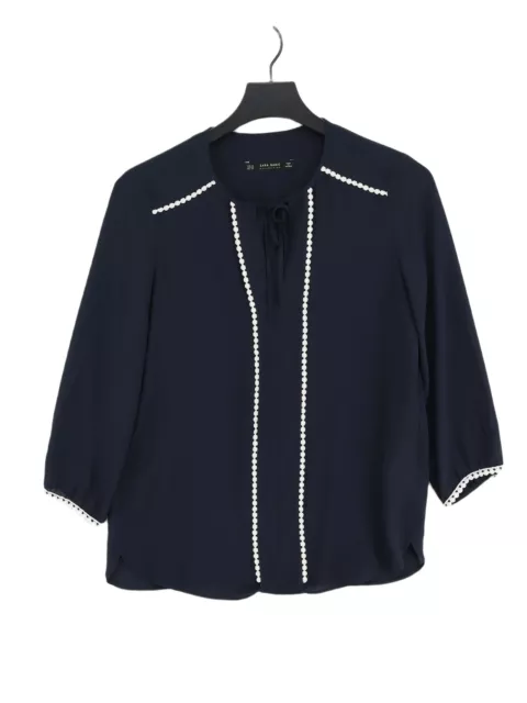 Zara Women's Top XS Blue 100% Cotton Long Sleeve Round Neck Basic