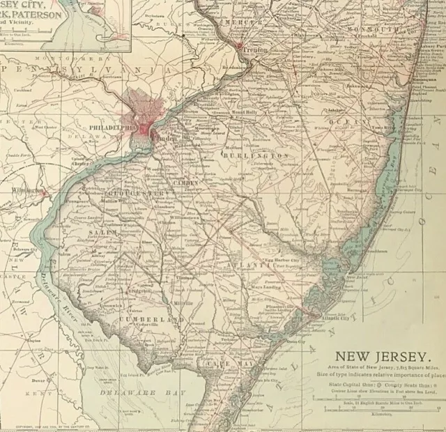 Map New Jersey State Jersey city 1901 Newark, Paterson original litho colour