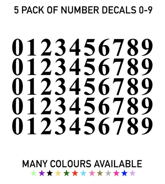 Vinyl Number Stickers | 0-9 | 36mm | Self Adhesive Decals One Colour - 5 SETS