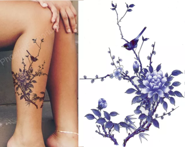 Temporary Tattoo Bird Tree Flower Blue Body Art Fake Waterproof Sheet Ladies