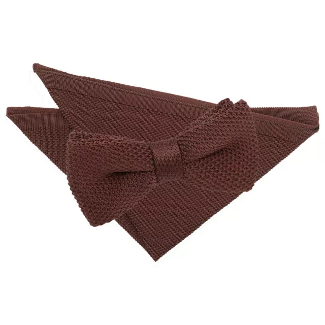 Chocolate Brown Mens Knit Knitted Plain Solid Pre-Tied Bow Tie Hanky Set by DQT