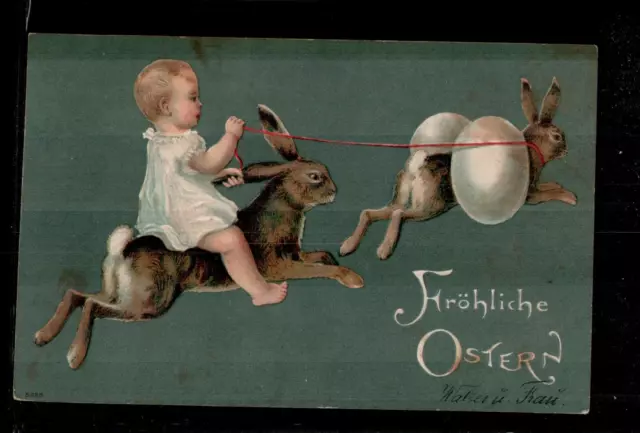 AK Ostern Glückwunsch, Künstler Präge,  Baby Hasen Ostereier, Kleinformat