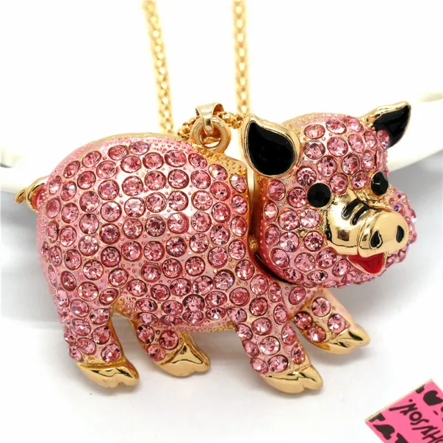 New Betsey Johnson Rhinestone Pink Crystal  Pig Pendant Sweater Chain Necklace