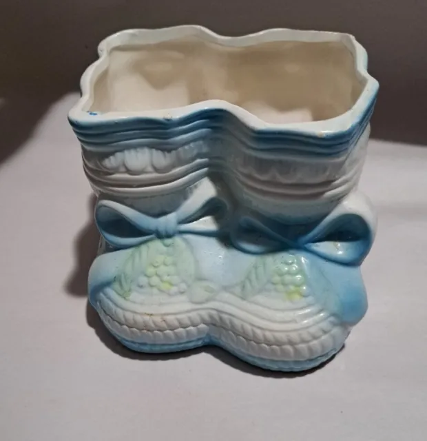 Vintage Baby Bootie Planter Vase Blue Ceramic Rubens Nursery Décor
