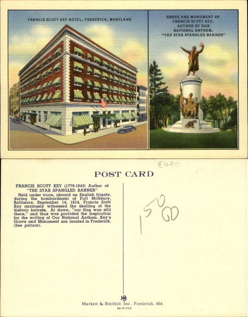 Francis Scott Key hotel Grave Monument Frederick Maryland MD 1930