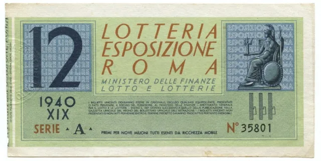 12 Lire Lotteria Esposizione Roma 1940 Xix Bb/Spl