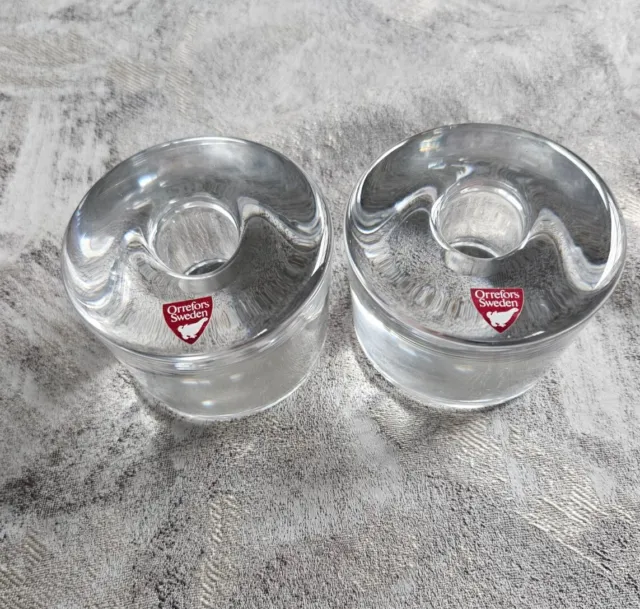 Orrefors Crystal Pair Puck Candle Stick Holders Set by Lena Bergstrom Sweden