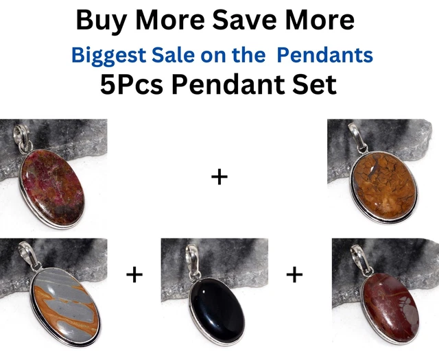 Rhodonite Picture Jasper, Black Onyx 5Pcs Pendant Combo Set 2-2.3-2.5-2-2" GW