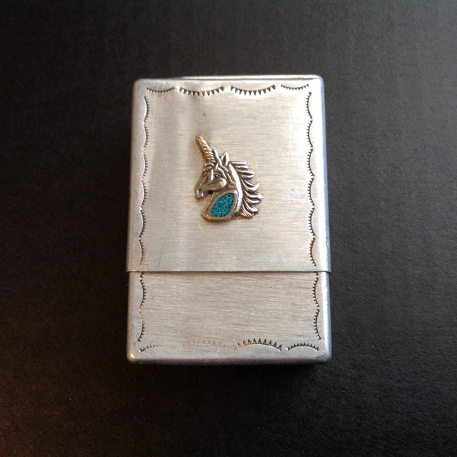VINTAGE NAVAJO MFG Cigarette Case Silver Unicorn Turqoise Aluminum Stash Box  Old $17.00