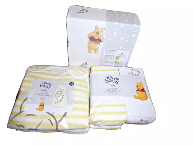 DISNEY baby WINNIE THE POOH COT BED TODDLER DUVET COVER,SHEETS & SLEEP BAG 0-6m