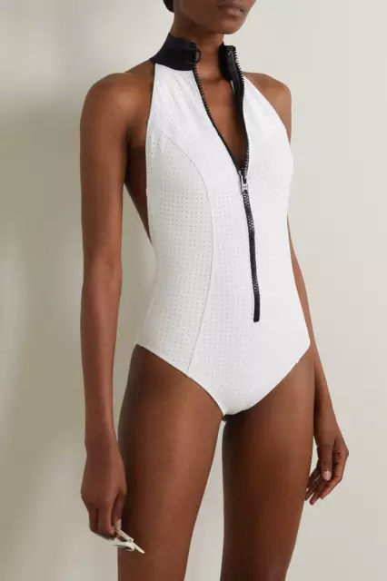 LISA MARIE FERNANDEZ Mock Neck Zip Swimsuit Farrah Maillot Perforated Bonded 495