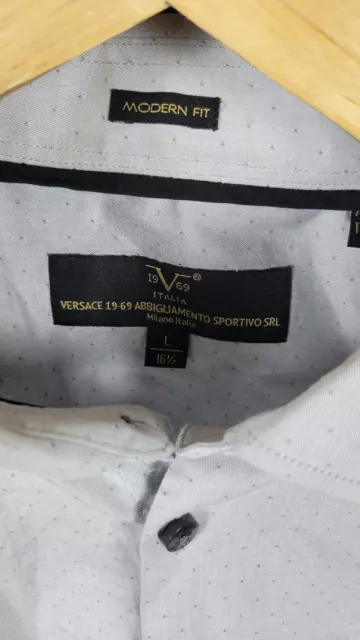 Versace Shirt Men Large Gray Polka Dot Modern Fit Desiner Long Sleeve Button Up 3