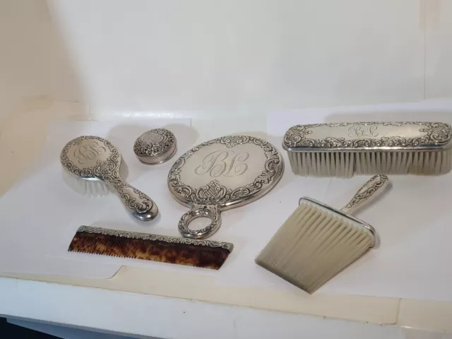 6pc ANTQ STERLING SILVER VANITY SET-MIRROR-BRUSHES-COMB-JAR TOP-20.7 OZT-RL MONO