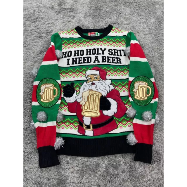 Spencers Ugly Christmas Sweater Mens Small Graphic Light Up Santa Needs a Beer