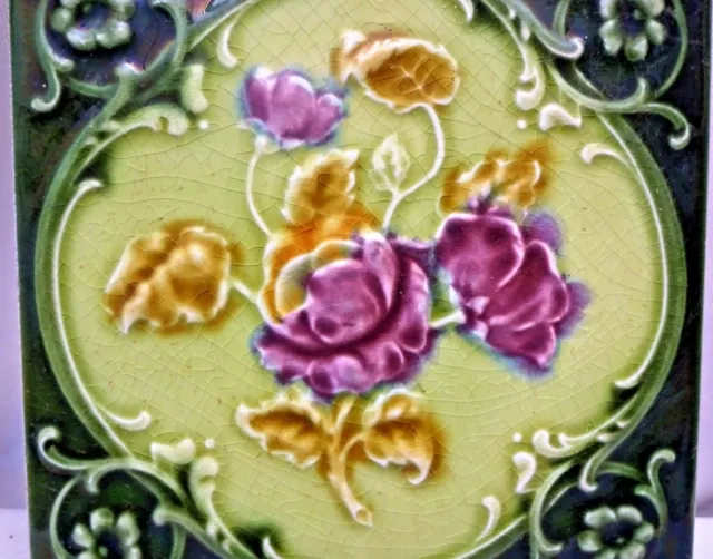 Antique Tile Majolica Rose Purple Art Nouveau England Floral Architecture "123 2
