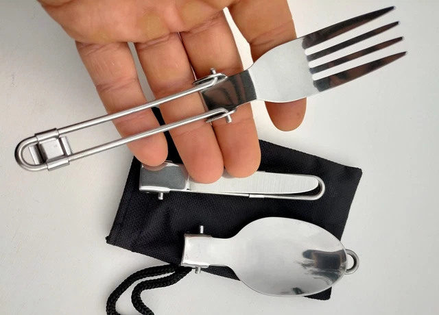 Set Posate Pieghevoli In Acciaio Inox - Coltello Forchetta Cucchiaio - Con Custodia - Per Campeggio E Viaggi - Foto 3