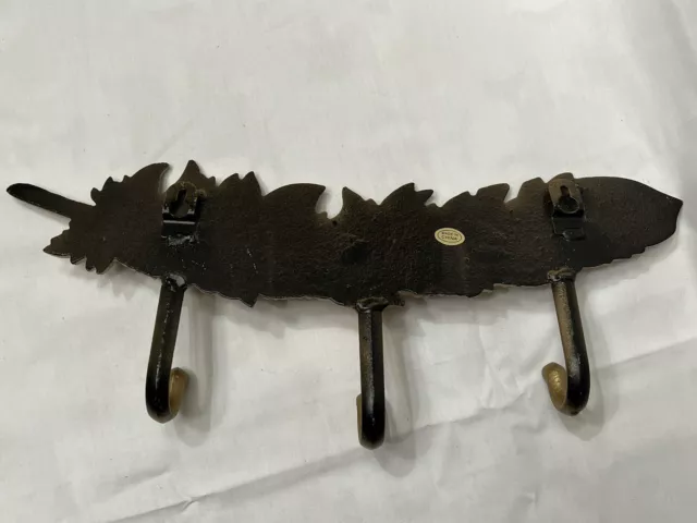 Gold Painted Solid Metal Large 14" Feather Coat Hat Hanger Wall Hanging 3 hooks 3