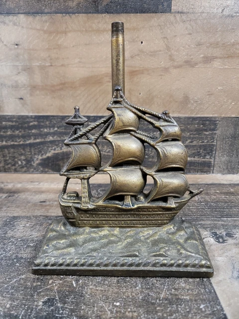 Rare Vintage Brass Sailing Ship Constitution Lamp Base