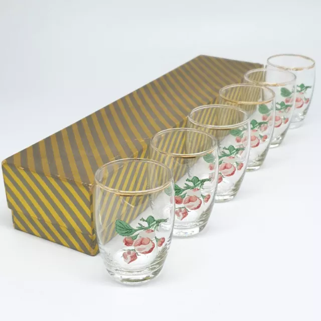 Vintage Boxed Shot Glasses Drinking Enamel Transfer Original Set Of 6 1960s