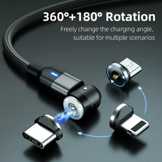 câble de charge 2mètres noir magnétique rotatif 3 en 1 IOS, Android