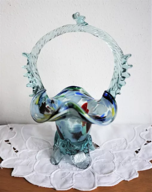 Glas HENKELSCHALE Korb Vase Blau Einschmelzung Abriss mundgeblasen Murano Böhmen