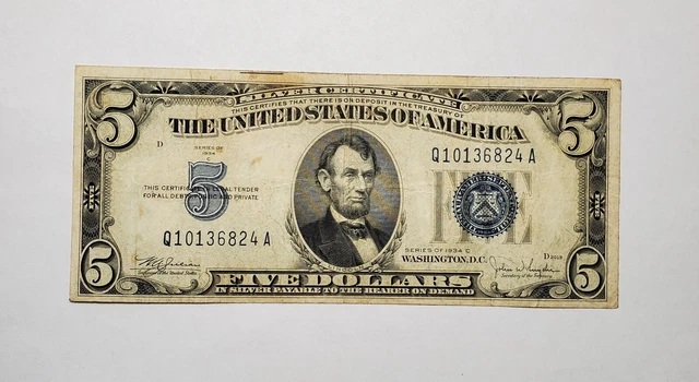 1934 C Five Dollar Silver Certificate Q10136824A Blue Seal Paper Money $5 3