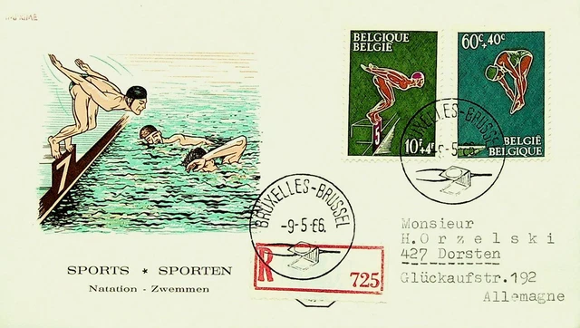 Belgique 1956 SPORTS Natation Illustré Regd Housse Bruxelles To Allemagne W/3v