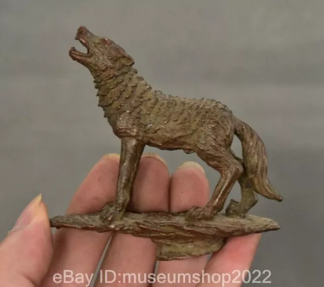 3" Ancient China Dynasty Marked Purple Copper Fengshui Animal Wolf Beast Statue