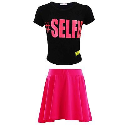 Bambine " # Selfie " Top Corto & Neon Rosa Skater Gonna Set 7 8 9 10 11 12 13Yr