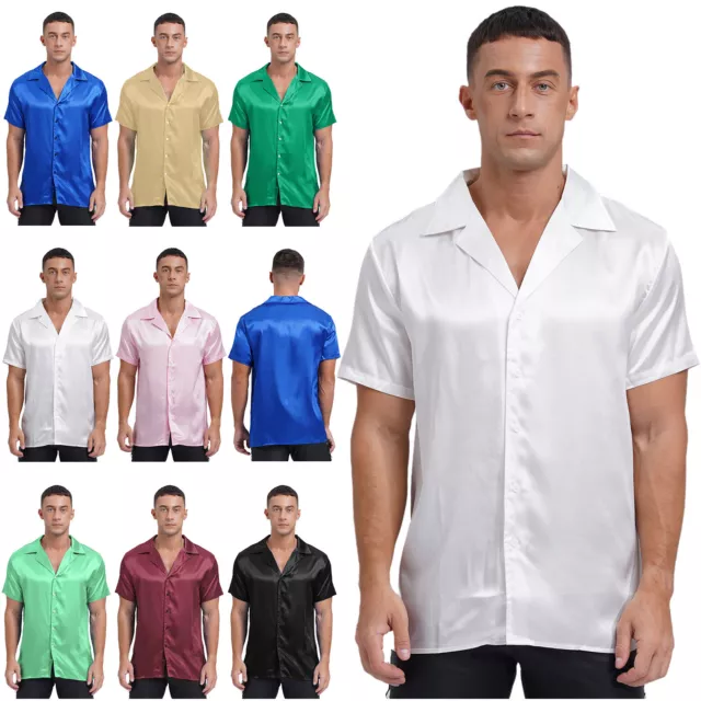 Herren Bluse Satin Tee Lose Oberteile Büro T-Shirt Gekerbt Hemden Button-up