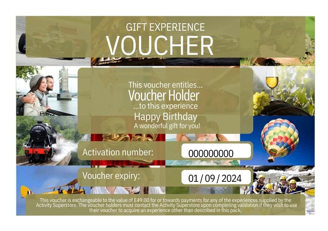 £49 Experience Day E-Gift Voucher Activity Superstore_Voucher Expiry 01.09.2024