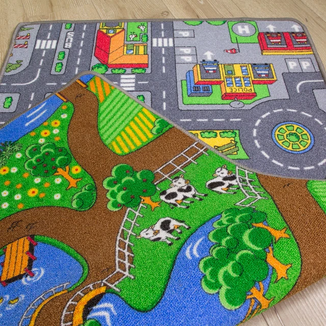 Two Sided Fun Bright Kids Play Rug Road Car Mat Farm Animal Fun Childs Bedroom