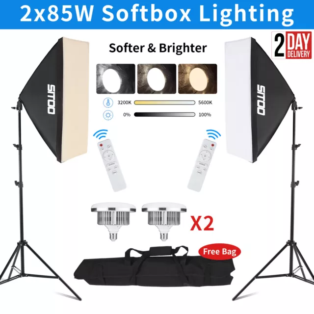 2X LED Softbox Lighting Kit Photography Studio Dimmable Bulb 85W 3 Colour E27