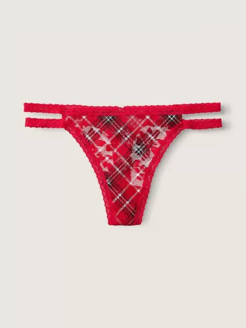 VICTORIAS SECRET PINK Lace Strappy Thong Panty Red Pepper Plaid