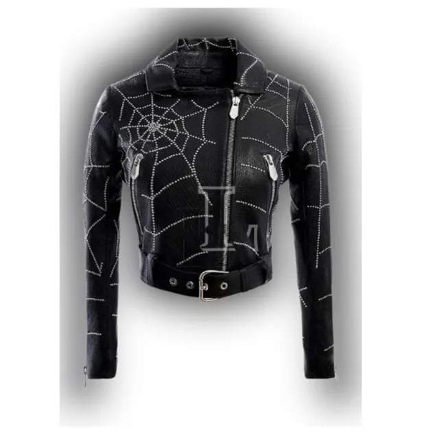 Handmade Women Black Spider Style Studded Genuine Lambskin Leather Jacket